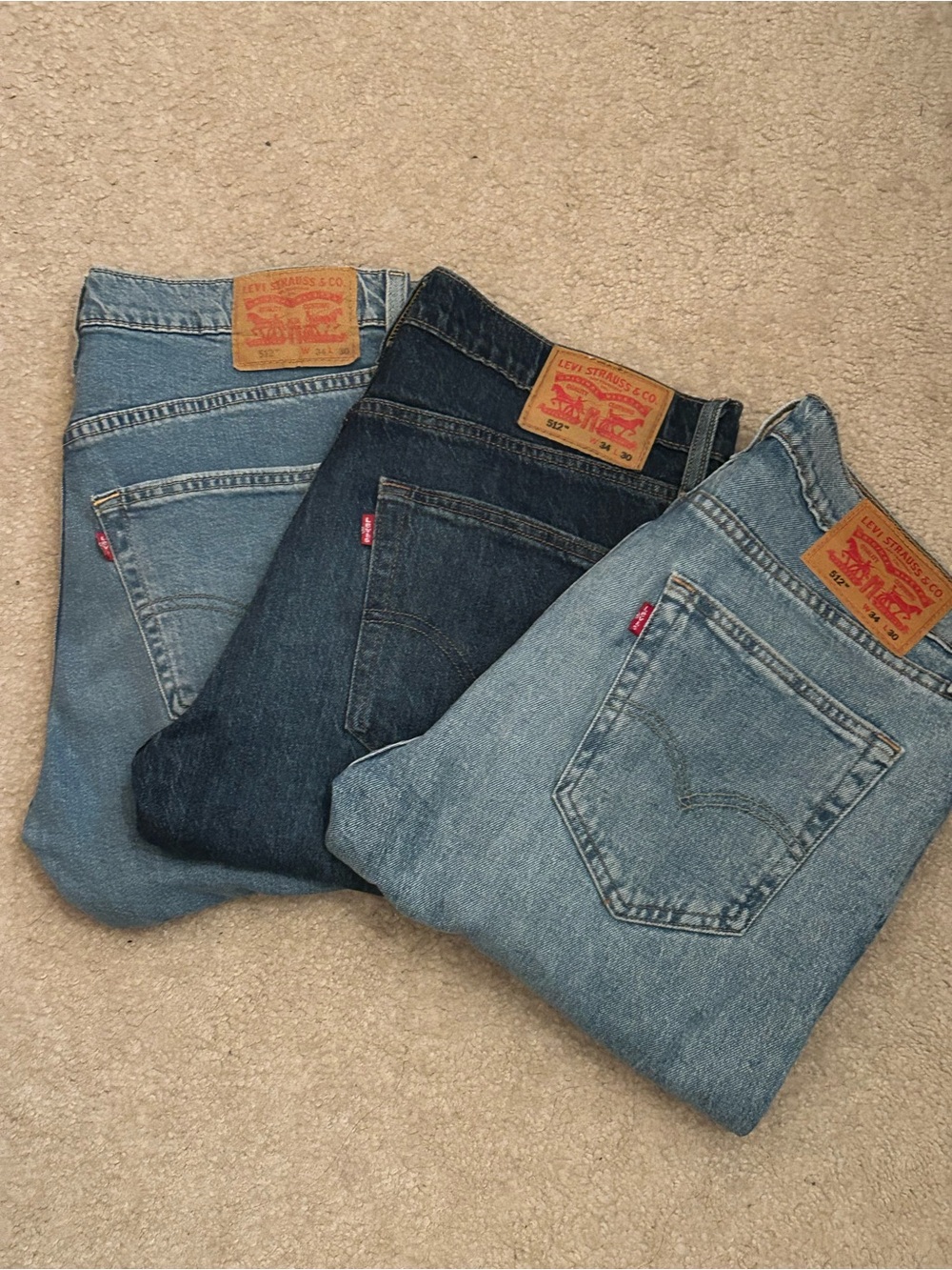 Lot Of 3 Levi’s 512 34x30 Denim Jeans Light and Dark Wash